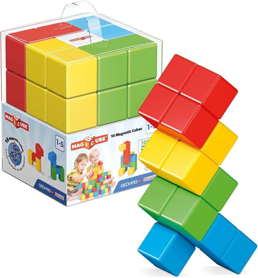 Geomag Magicube - 16 Würfel - Magnetisches Konstruktionsspielzeug für Kinder - Green Line - Lernspiel aus 100% Recyclingkunststoff
