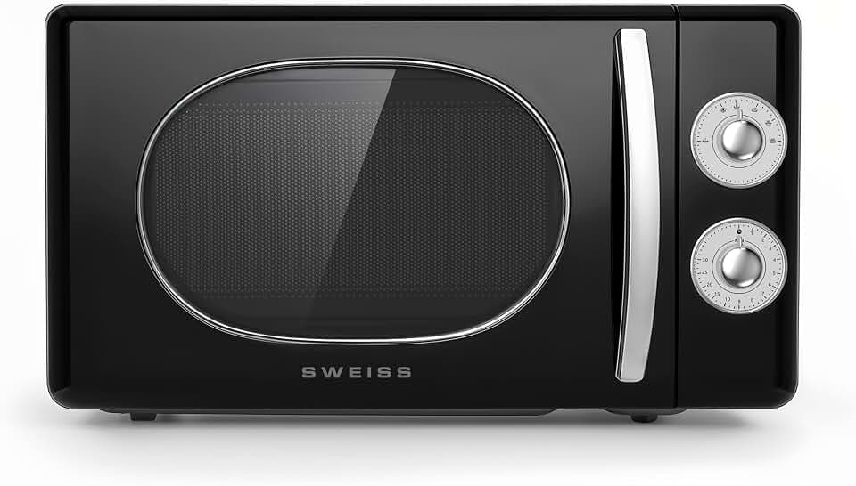SWEISS Vintage-Mikrowelle MOVI9, 20L Schwarz, 700W, 6 Kochstufen, Auftaufunktion, Drehteller 24,5 cm, Timer bis zu 30 Minuten
