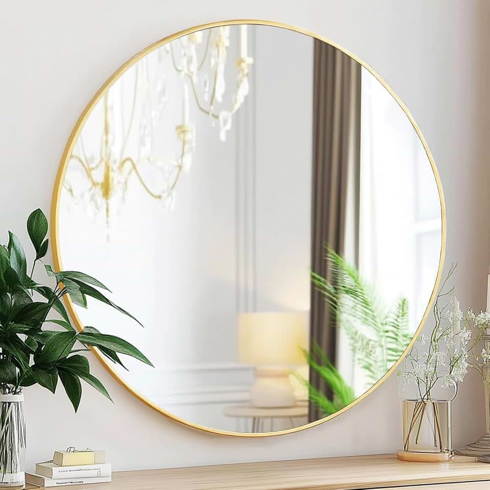 Sunniry 18 inch Round Mirror, Round Wall Mirror, Brushed Gold Metal Frame