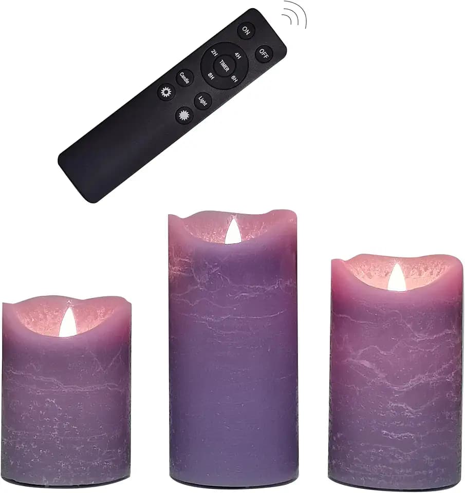 Purple Real Wax Battery Operated Flameless Candles with Remote Timer 3 PCS