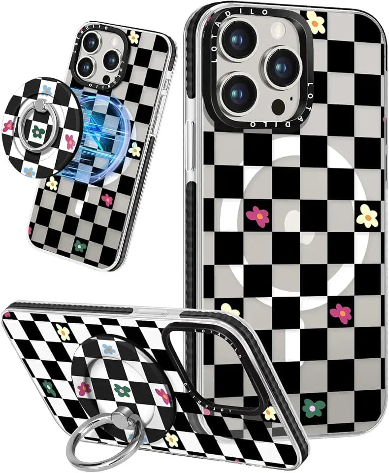 Lotadilo for iPhone 15 Pro Case with Stand, Black Flower