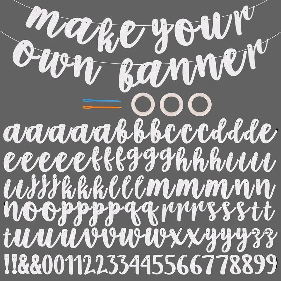 BEISHIDA Glitter White 116 PCS A-Z DIY Letter Banner Kit Make Your Own Banner，Including 111 Letters and Numbers 3 Rope and 2 Threading Device,Customized for Birthday Graduation Wedding Party Decor