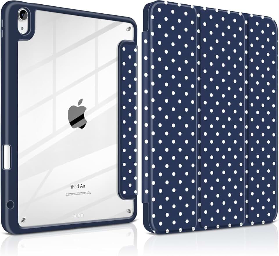 Case for iPad Air 11 Inch M4 M3 M2 2026 2025 2024, iPad Air 5th 4th Generation 10.9 Inch 2022 2020-[Pencil Holder], Shockproof Clear Hard Back, Trifold Stand,Auto Wake/Sleep, Navy Polka dot