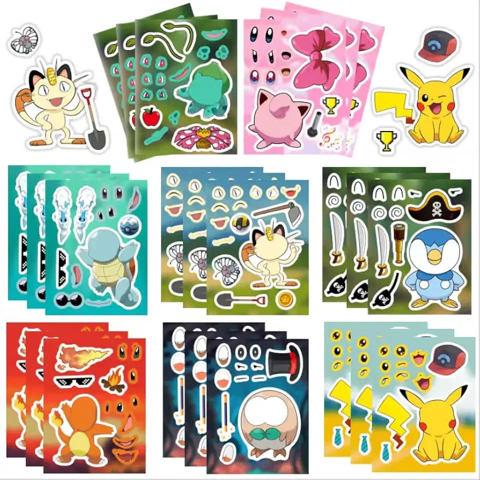 24Sheets Make a face Cartoon Pokemen Sticker,Make Your Own Mixed & Matched with 8 Designed Characters Monster Sticker for Birthday Party Supplies Favors