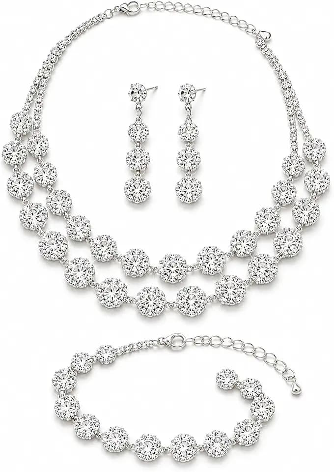 Crystal Statement Choker Necklace Earrings Bracelet Set Silver Rhinestone Necklace Earrings Sets Formal Costume Jewelry Bridal Wedding Jewelry Set for Women 11.61+6.3in