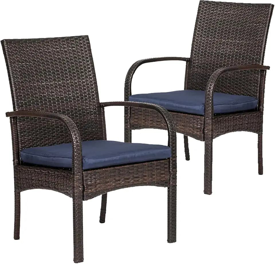 Wicker Patio Dining Chairs Set of 2, All-Weather PE Rattan Outdoor Chairs with Soft Cushions, 350lbs Heavy Duty Capacity, Rattan Furniture for Garden, Porch, Backyard