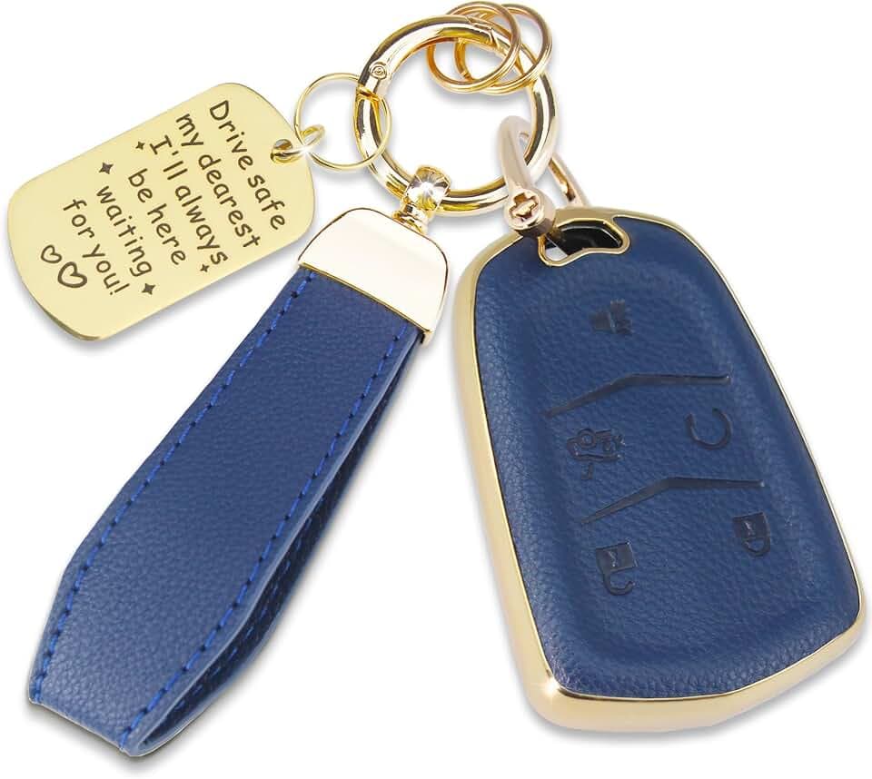 Soft TPU & Leather Key Fob Cover Compatible with Cadillac 5-Button
