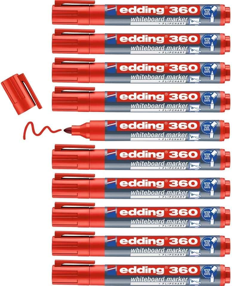 edding 360 Whiteboardmarker - rot - 10 Whiteboard Stifte - Rundspitze 1,5-3 mm - Boardmarker abwischbar - für Whiteboard, Flipchart, Magnettafel, Pinnwand, Memoboard - Sketchnotes - nachfüllbar