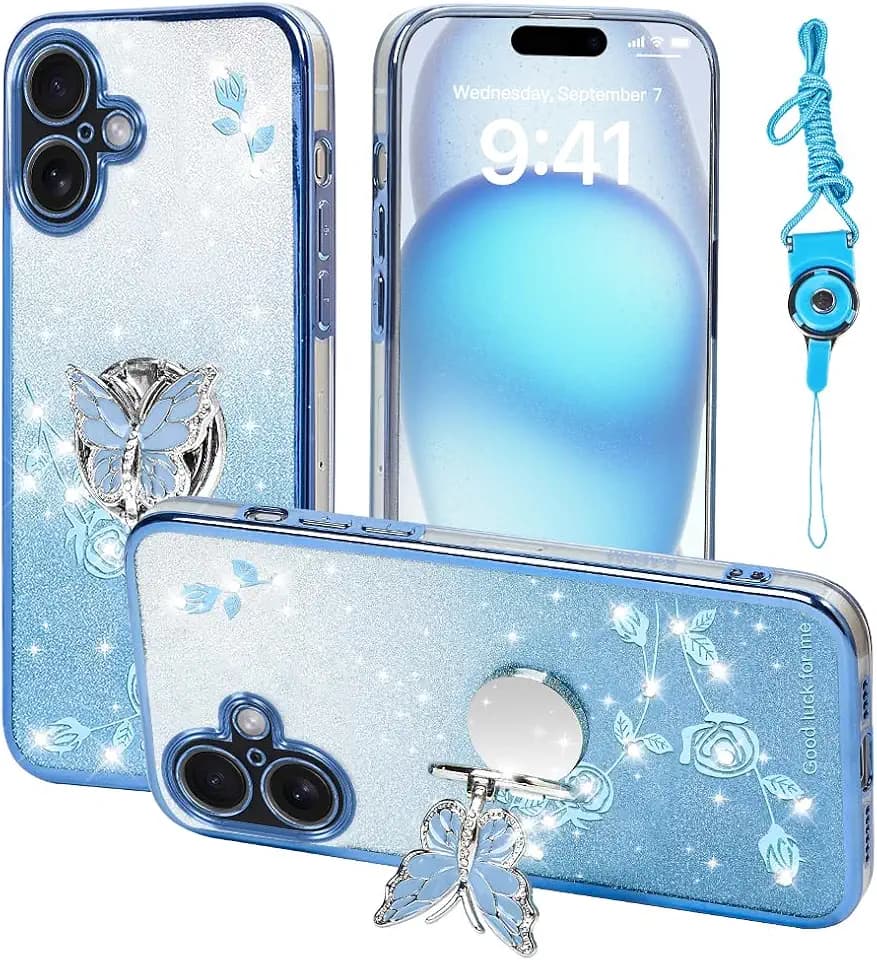 for Apple iPhone 17 (6.3 Inch) Phone Case,for Mobile Phone Case for Women and Girl, Glitter Butterfly Floral TPU Protective Cover with Kickstand+Strap for iPhone 17 (Blue)