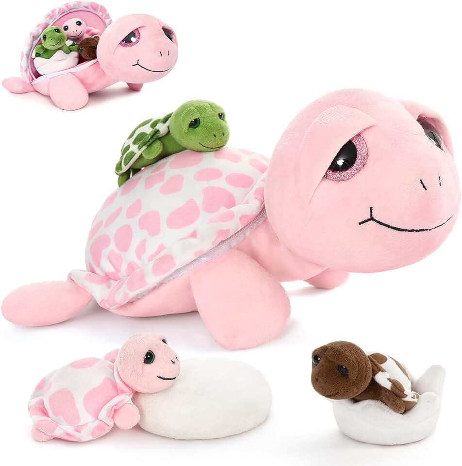 MorisMos Sea Turtle Stuffed Animal with Babies & Eggs, 6-Pack Family, Pink