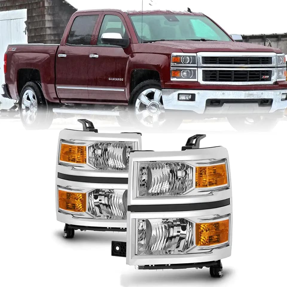 Headlight Assembly Compatible with 2014-2015 Chevy Silverado 1500 Headlights Headlamps Left+Right 14-15 Lights（CHROME FRAME+CHROME INNER+AMBER SIDE）
