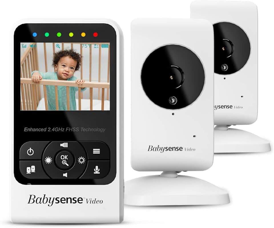 Babysense Video-Babyphone Zwei Kameras und Audio, Großer Reichweite, Anzeige der Raumtemperatur, Nachtsicht, Zwei-Wege-Kommunikation, Schlafliedern und Funktion weißes Geräusch, Modell V24R_2
