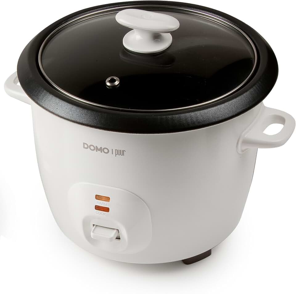DOMO DO9176RK Reiskocher Puur Serie - 1,3 L Fassungsvermögen - Kochen und Warmhalten - Cool Touch Griffe - Teflon Antihaftbeschichtung - Inklusive Messbecher, Kelle und Dampfkorb - Weiß