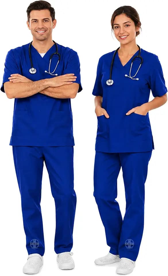 AIESI® Medizinische Uniform herren damen aus 100% sanforisierter Baumwolle Hose und Top mit V-Ausschnitt, Größe L BLAU