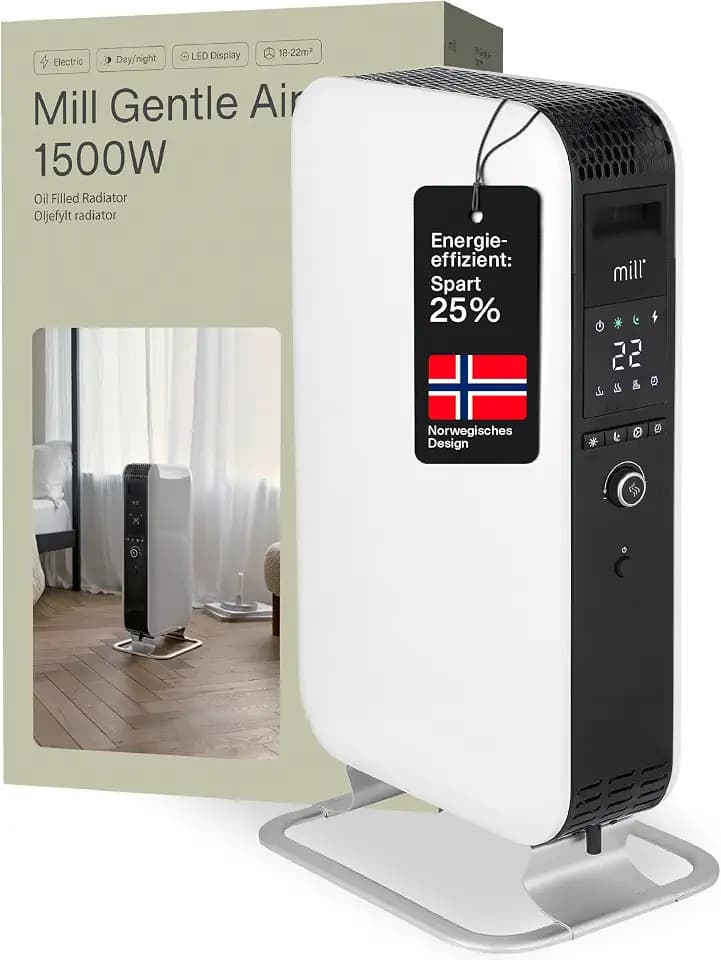 Mill Ölradiator Heizkörper 1500W, elektrische Heizung, bis zu 22 m², geräuschlose Elektroheizung energiesparend, sicherer Elektroheizkörper mit Tag-Nacht Programm, Radiator Heizung elektrisch weiß