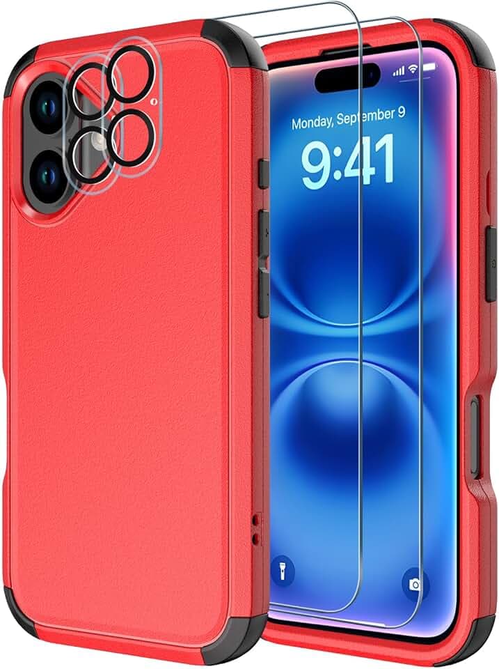 Diverbox for iPhone 16 Case [Shockproof] [Dropproof] [Tempered Glass Screen Protector + Camera Protectors] Heavy Duty Protection Phone Case Cover for Apple iPhone 16 (Red)