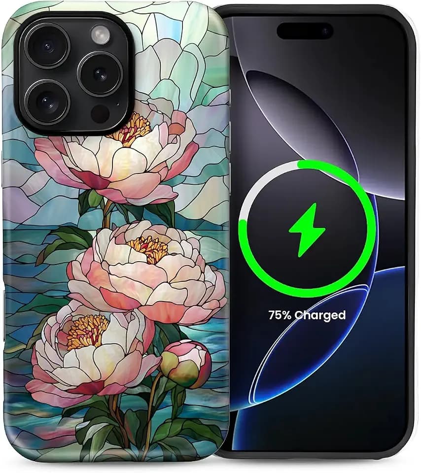Case for iPhone 16 Pro,Compatible with MagSafe,Magentic Hybrid 2 Layer Protective Shockproof Cover for Women Girls-Stained Glass Peony Floral