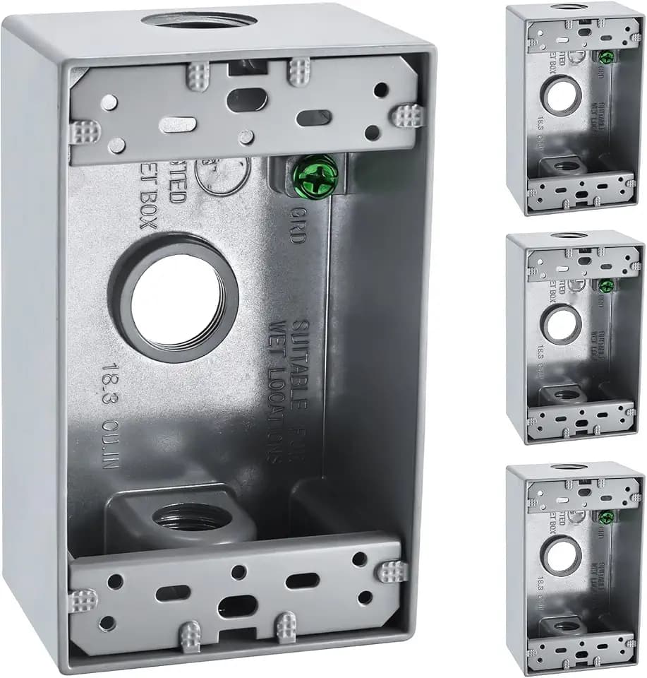 Weatherproof Metal Electrical Outlet Box Three 1/2 -Inch Holes, 1-Gang Outdoor Electrical Box, 4 Pack