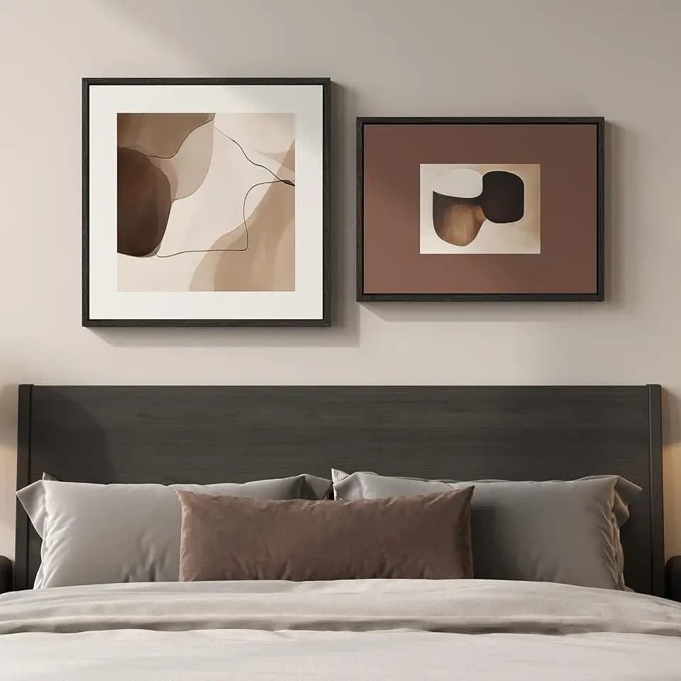 Framed Neutral Abstract Modern Brown Wall Art Bedroom, 24x24 & 24x18 Inch
