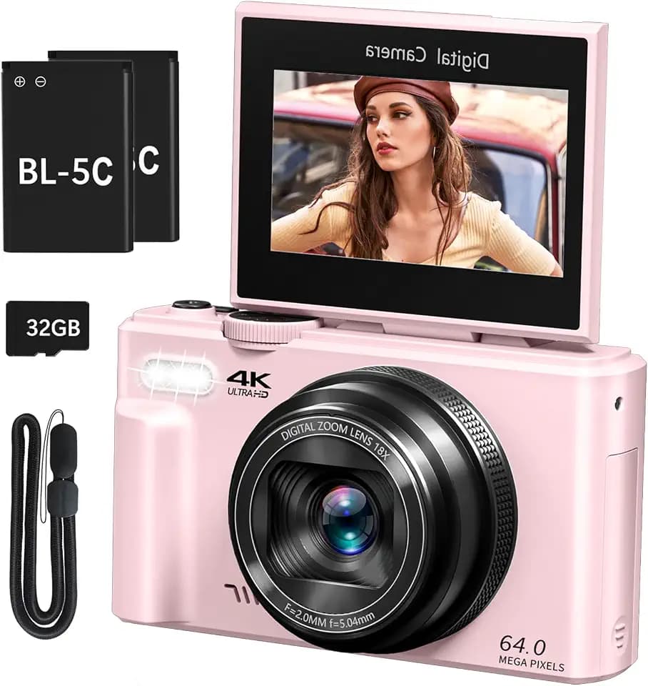 4K Digital Camera with 180° Flip Screen, 64MP Compact Vlogging Camera, Pink