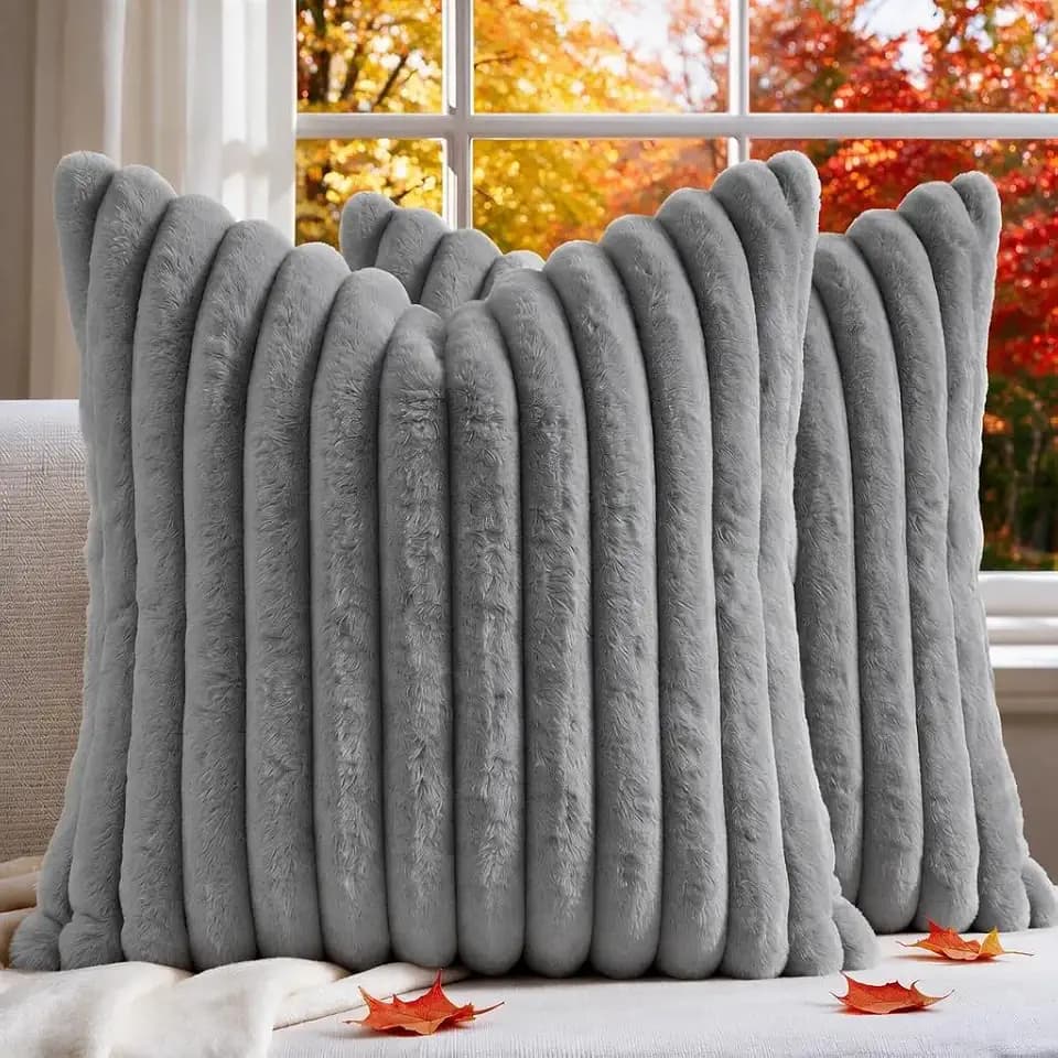 Set of 2 Decorative Throw Pillow Covers 18x18 Fall Faux Fur Dark Gray