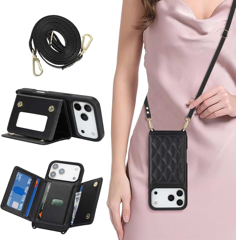 Crossbody Wallet for iPhone 18 Pro / 17 Pro Case with Strap,Black