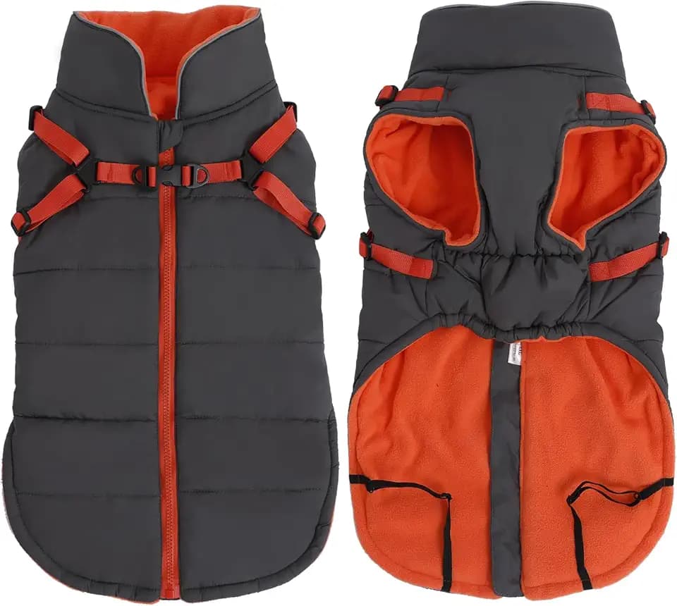Wasserdichter Hundemantel mit Geschirr, Hunde-Winterjacke mit Fleecefutter, reflektierende Weste, Haustierkleidung mit verstellbarem Brustgurt, Grau, Größe XS