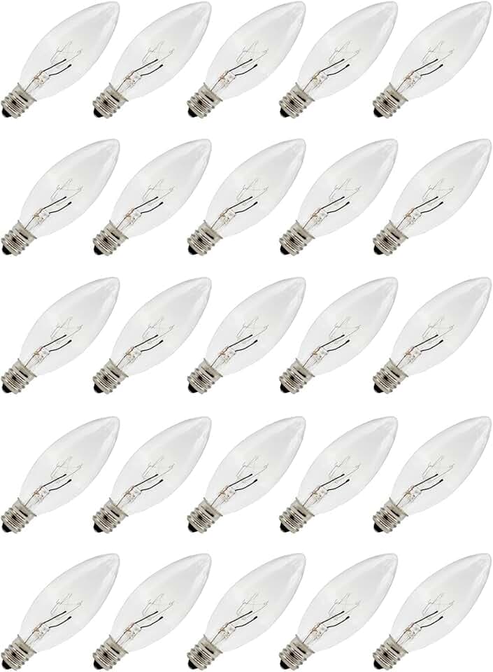Creative Hobbies 25 Pack Replacement Incandescent Light Bulbs for Electric Window Candles, Candle Lamps, Chandeliers - 7w E12 Candelabra, Clear Torpedo Shape, Steady Burning, 120v 7w Bulb
