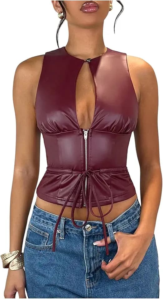 WDIRARA Women's Faux Leather Cut Out Tank Top Tie Knot Tops