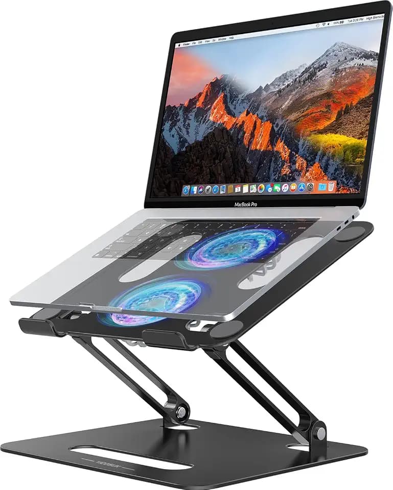 YICOSUN Adjustable Laptop Cooling Stand with 2 Quiet Fans & RGB Lighting, Aluminum Alloy & Foldable Ergonomic Design for MacBook, Lenovo, ASUS, Dell 10-16 Inch, Perfect for Gaming, DJ, Office - Black
