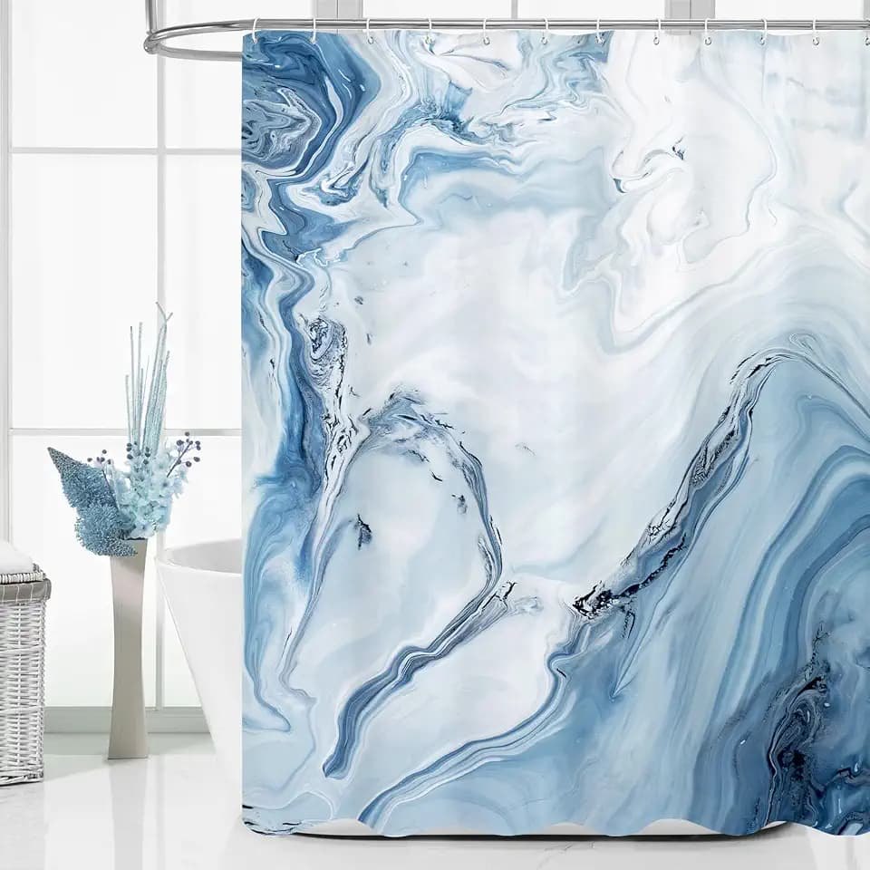 Blue Marble Fabric Shower Curtain, Abstract Watercolor, 72 x 84 Inches