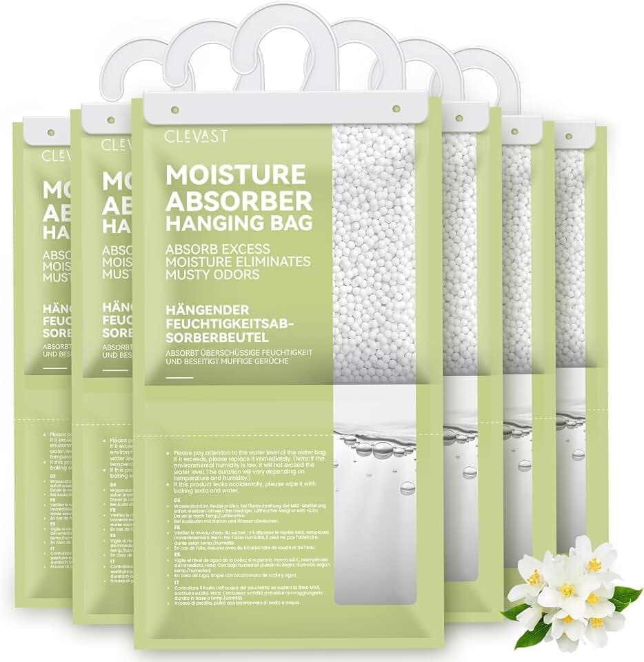 CLEVAST Moisture Absorbers Packets - 15.2 OZ, 6 Pack Large Dehumidifier Bags for Closet, Hanging Humidity Absorber in Wardrobes, Bedrooms, Bathrooms - Jasmine Scented