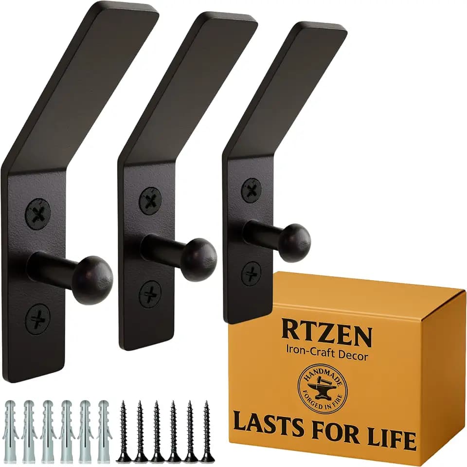 RTZEN Classic Farmhouse Wall Mount Multi-Use Wrought Iron Hook Set (3 Pack)