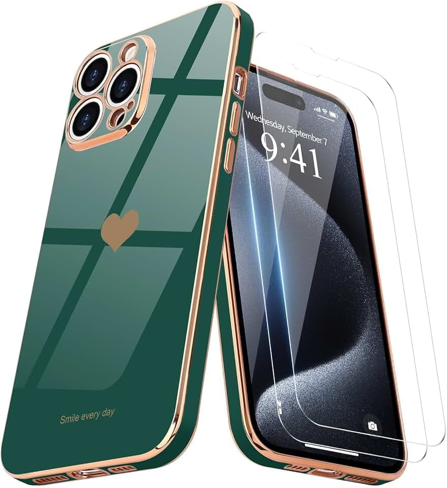Teageo für iPhone 15 Pro Hülle+2 Schutzfolie Herzmuster, Dunkelgrün