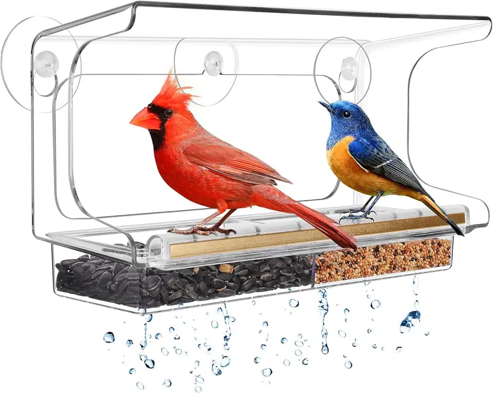 LUJII Shatterproof Window Bird Feeder with Strongest Suction Cups, Polycarbonate Window Mount Feeder with Crystal Clear View & Life-Out Tray, Fits Bigger Birds Like Cardinal or Blue Jay, Clear