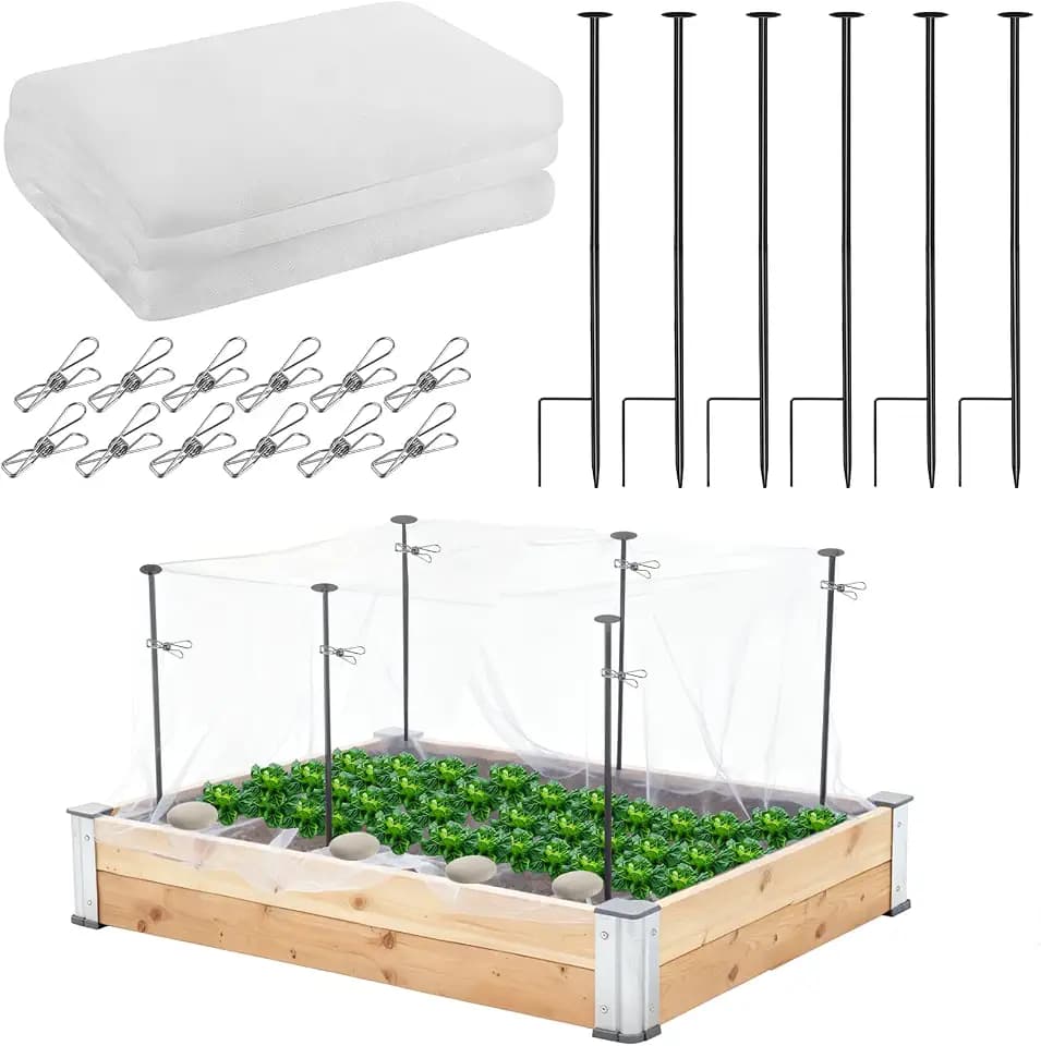 Metal Garden Netting Kit, 6 Pack 2.6ft Raised Garden Bed Net Support Stakes with 13×10ft Fine Mesh Insect Netting 12pcs Clips Bird Barrier Screen Cover for Protect Plant Vegetable Row from Animals Bug