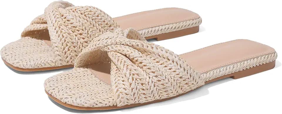 EQAUDES Women Summer Low Heels Sandals Raffia Woven Braided Beach Slides