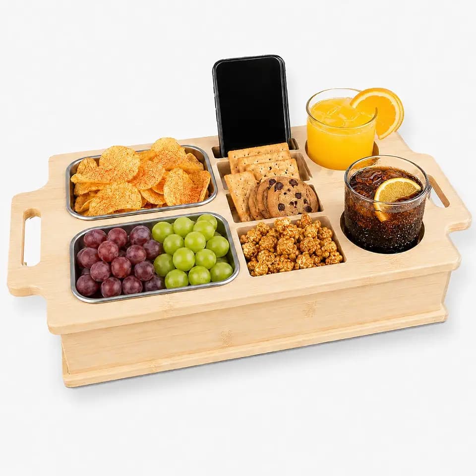 Couchbar Snackbox, Sofa Tablett mit 2 Snackschalen, 2 Getränkehalter