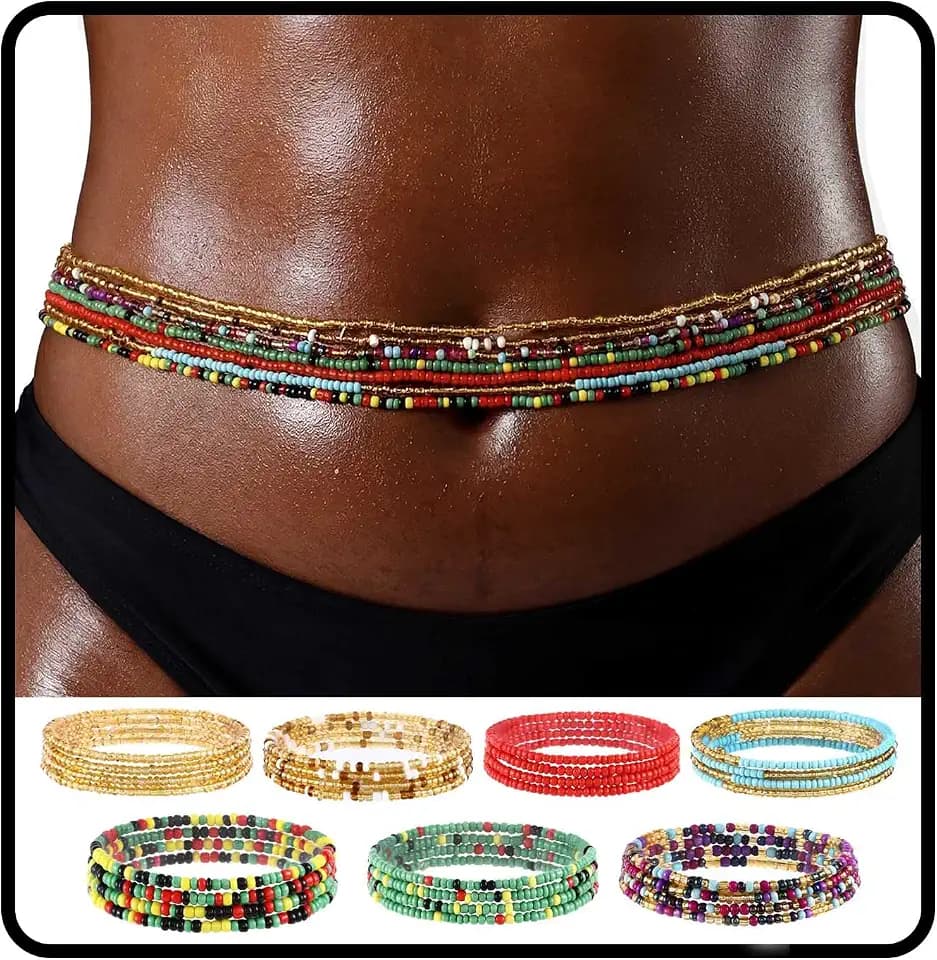 ELABEST African Waist Beads Chain Layered Belly Body Chain Beach 7Pack Waist Jewelry Body Accessories for Women