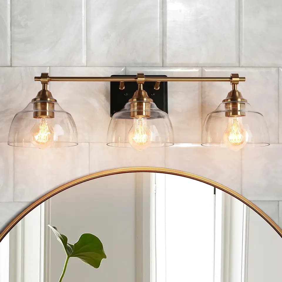 KSANA Bathroom Light Fixtures, 3 Light Black and Gold Vanity Lights for Bathroom with Clear Glass Shade, 24.5'' Modern Brass Bathroom Lights Over Mirror