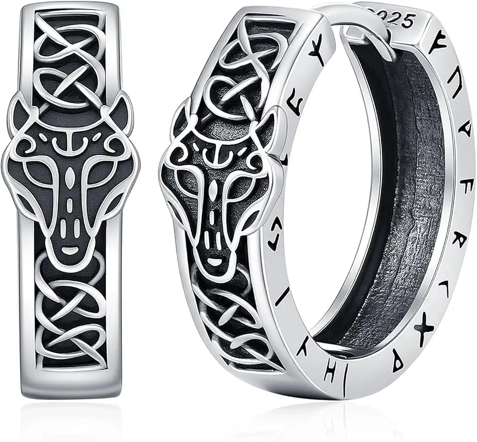 Unisex Creolen Wikinger Ohrringe für Herren 925 Sterling Silber Viking Rune/Thor Hammer/Raben/Keltisch Knoten Creolen Schwarze Ohrringe Geschenke Schmuck für Herren Damen