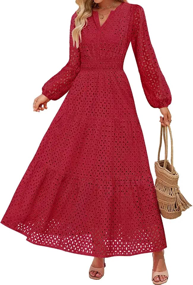 ZESICA Women's 2026 Fall Long Sleeve Eyelet Maxi Dress