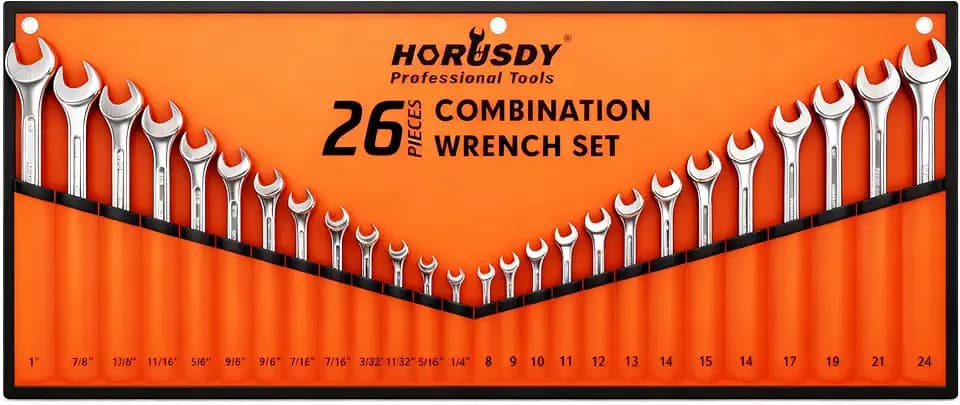 HORUSDY 26-Piece Durable Combination Wrench Set with Roll-up Pouch, Open End Wrench Set for General Household, Garage, Auto Repairs, SAE 1/4” - 1” and Metric 8mm - 24mm