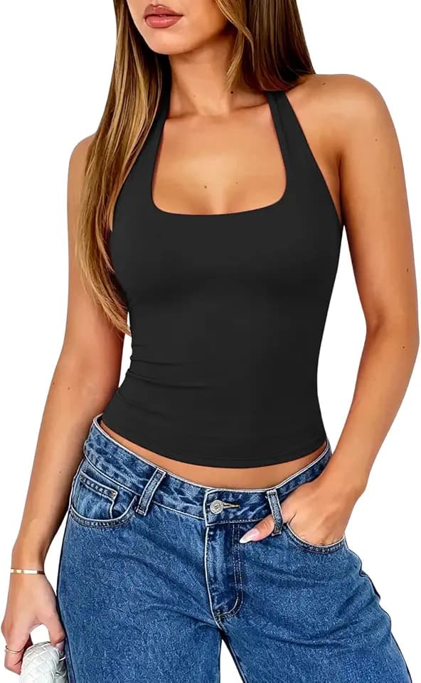 QINSEN Womens Halter Top Double Lined Tank Top Sleeveless Open Back Slim fit Going Out Tops