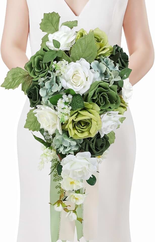 Serwalin 9.8 Inch Spring Green Rose Wedding Bouquets for Bride Bridesmaid