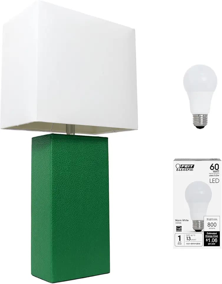 Elegant Designs LT1025-GRN-LB Modern Leather Wrapped Table Lamp for Living Room, Hallway, Entryway, Bedroom, Office, Green, with Feit LED Bulb Included