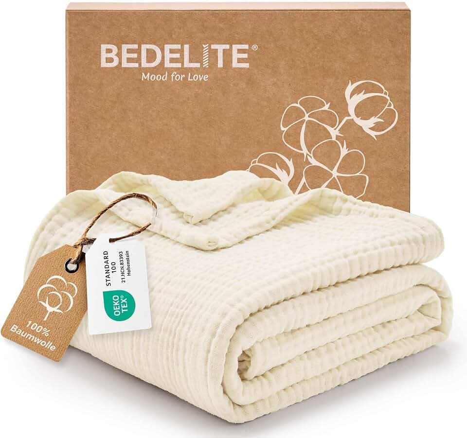BEDELITE Musselin Decke 127x177cm Erwachsene Tagesdecke Baumwolle, Creme