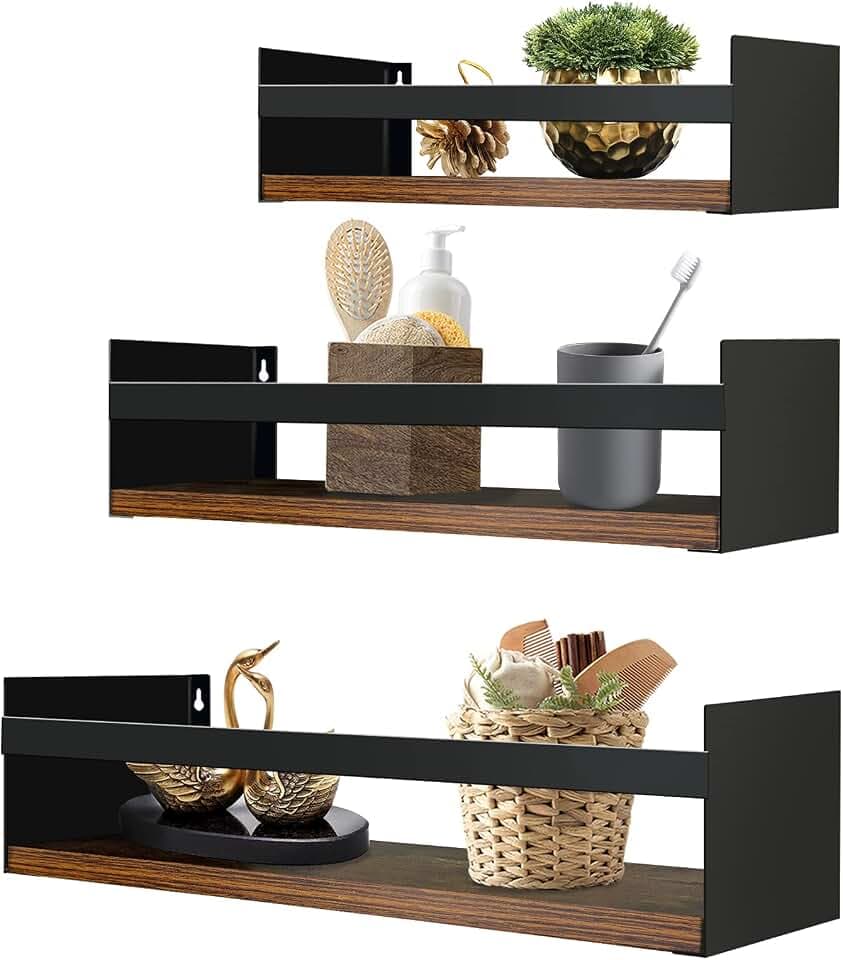 EYMPEU Wandregal 3er Set, Wandregal Holz mit Metall, Geeignet für Küchen Bäder Wohnräume Büro, Zur Aufbewahrung von Gewürzgläsern Toilettenartikeln Vasen usw, 40CM