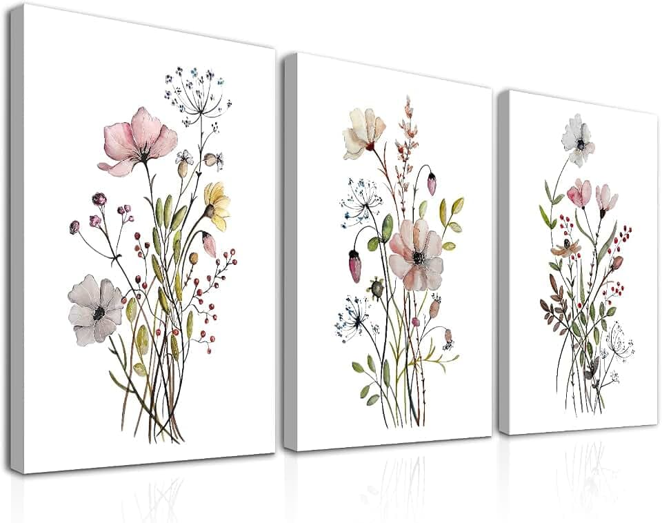 Dazzlewall 3 Stück Gerahmte Wildblume Wandkunst Minimalistische Blumendrucke, Botanische Florale Leinwand Wandkunst Poster für Schlafzimmer Wohnzimmer Dekor 12x16 zoll
