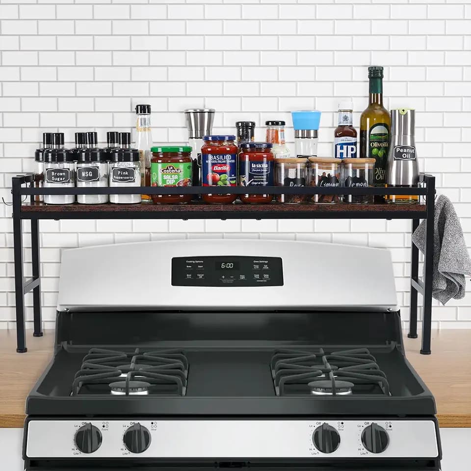 Spice Rack Shelf for Kitchen Stove，Stove Top Shelf with 4 hooks Extra Storage Countertop, Seasoning Organizer,Kitchen Organizers and Storage